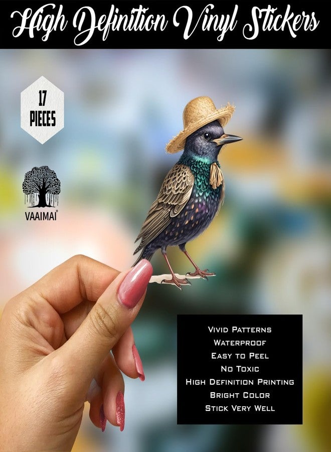 VAAIMAI 17-Piece Starling Stickers | Watercolor European Bird & Garden Wildlife Designs | Waterproof Iridescent Bird Stickers for Nature Journal, Pack of 4 - Image 3
